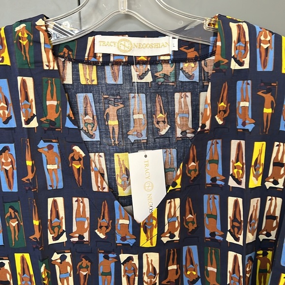 NWT{Tracy Negoshian}Sz L Blue/Yellow Swimsuit Cover Up w/Sun bathers - Picture 2 of 6